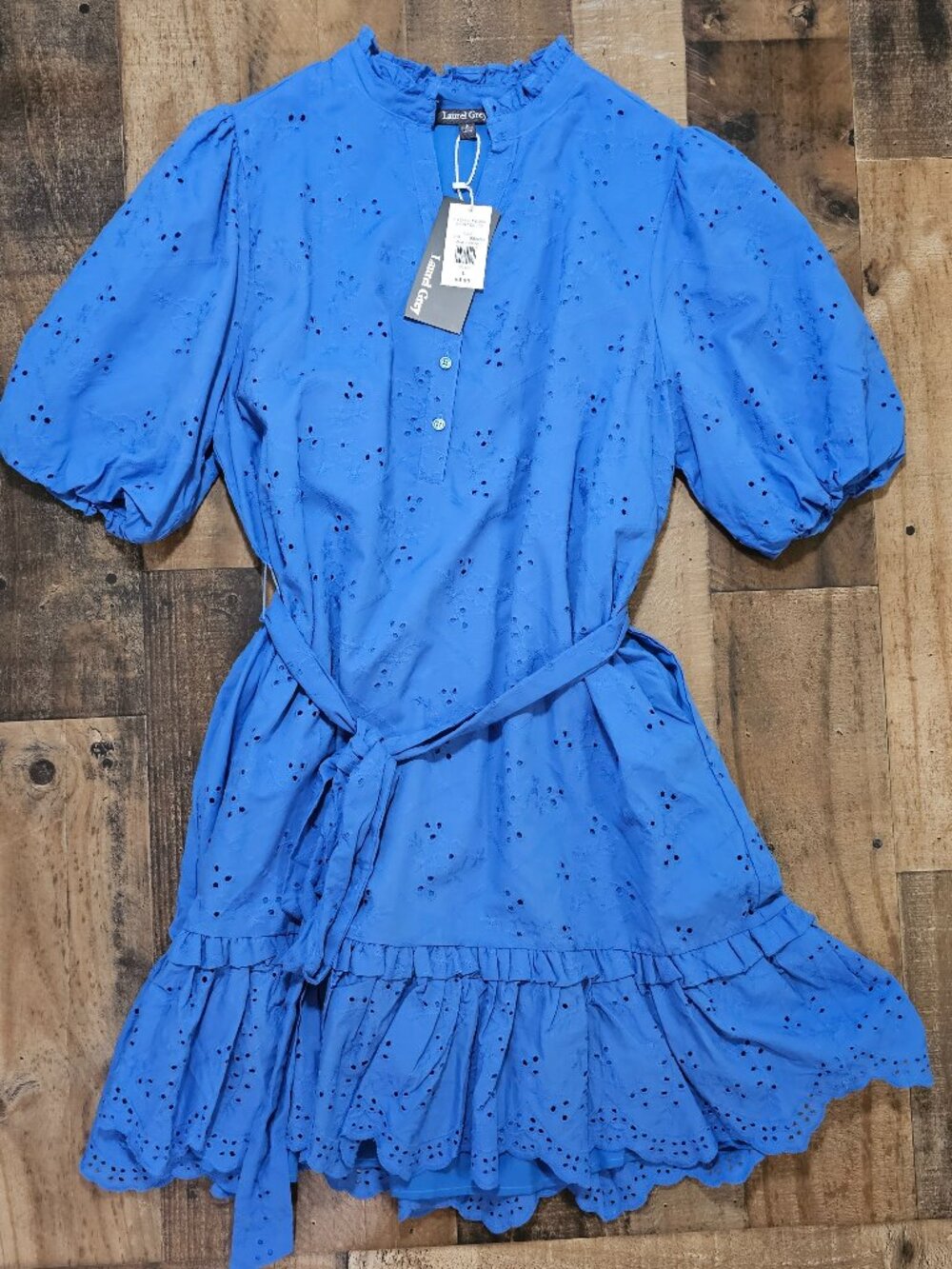 NWT Laurel Grey Womans Large Blue Short Eyelet Dress Pockets Short Sleeve
